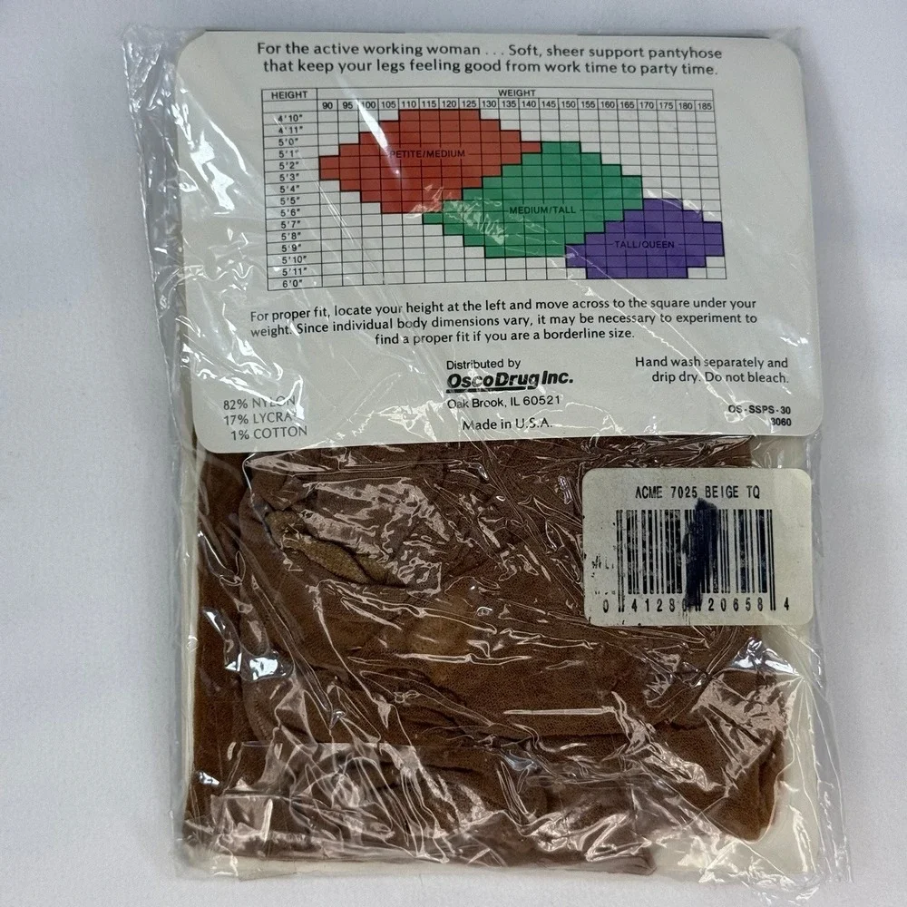 VTG Osco Sheer Support Pantyhose Beige Tall Queen Sandalfoot Cotton Crotch 7025
